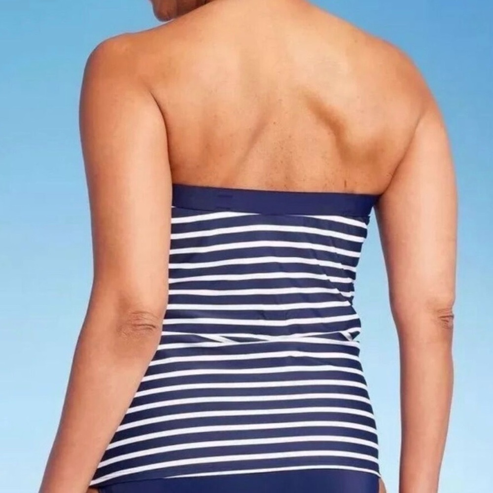 NWT Lands End Bandeau Tankini Top Deep Sea Navy Stripe Removable Straps Size 16 - Picture 2 of 8